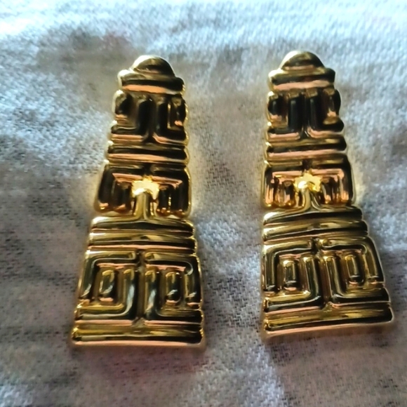 Vintage 80s Art Deco Gold  Geometric Design  Pierced Earrings - Picture 1 of 7